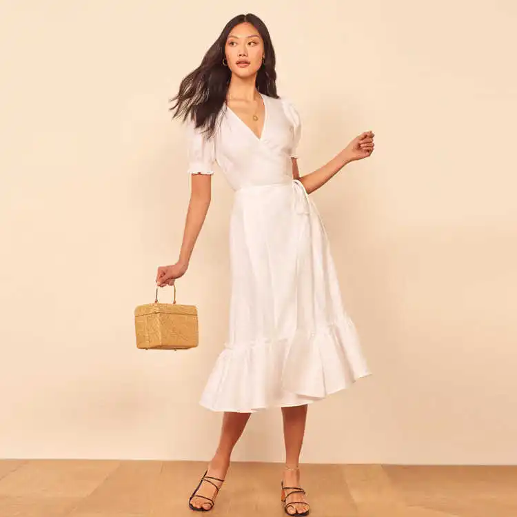 

summer new 2021 summer new French V-neck gathered waist lace up bubble sleeve linen dress for women