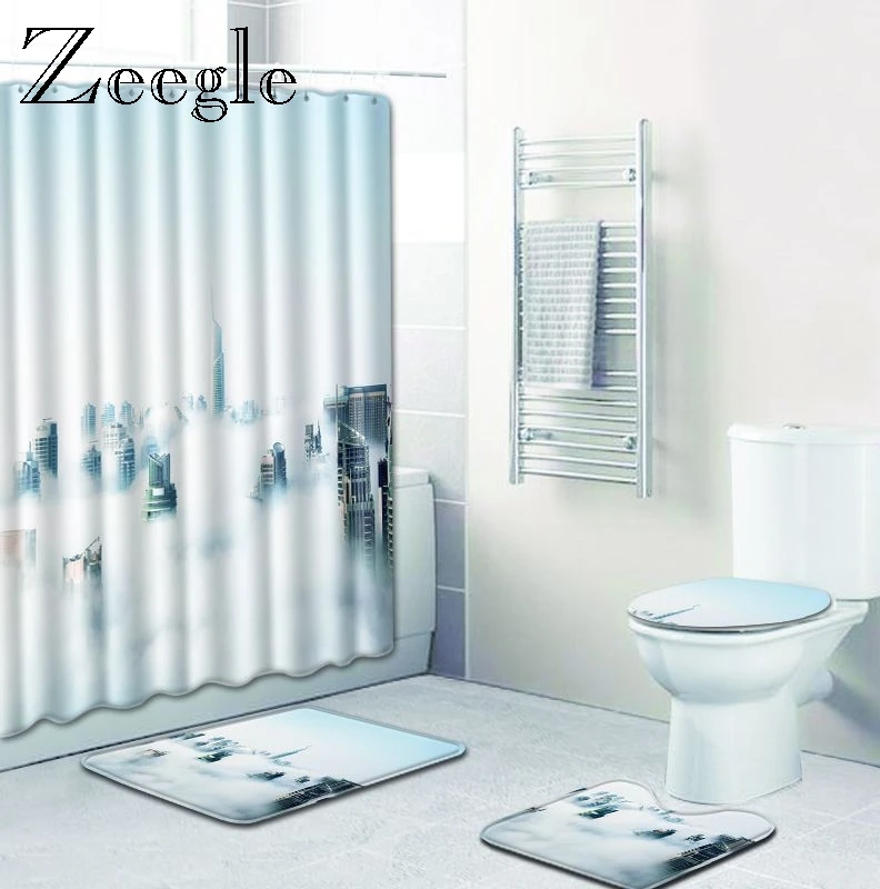 Zeegle Print Shower Curtain Bath Mat Set Pedestal Rug Lid Toilet Cover Bathroom with Hooks Polyester Carpet | Дом и сад