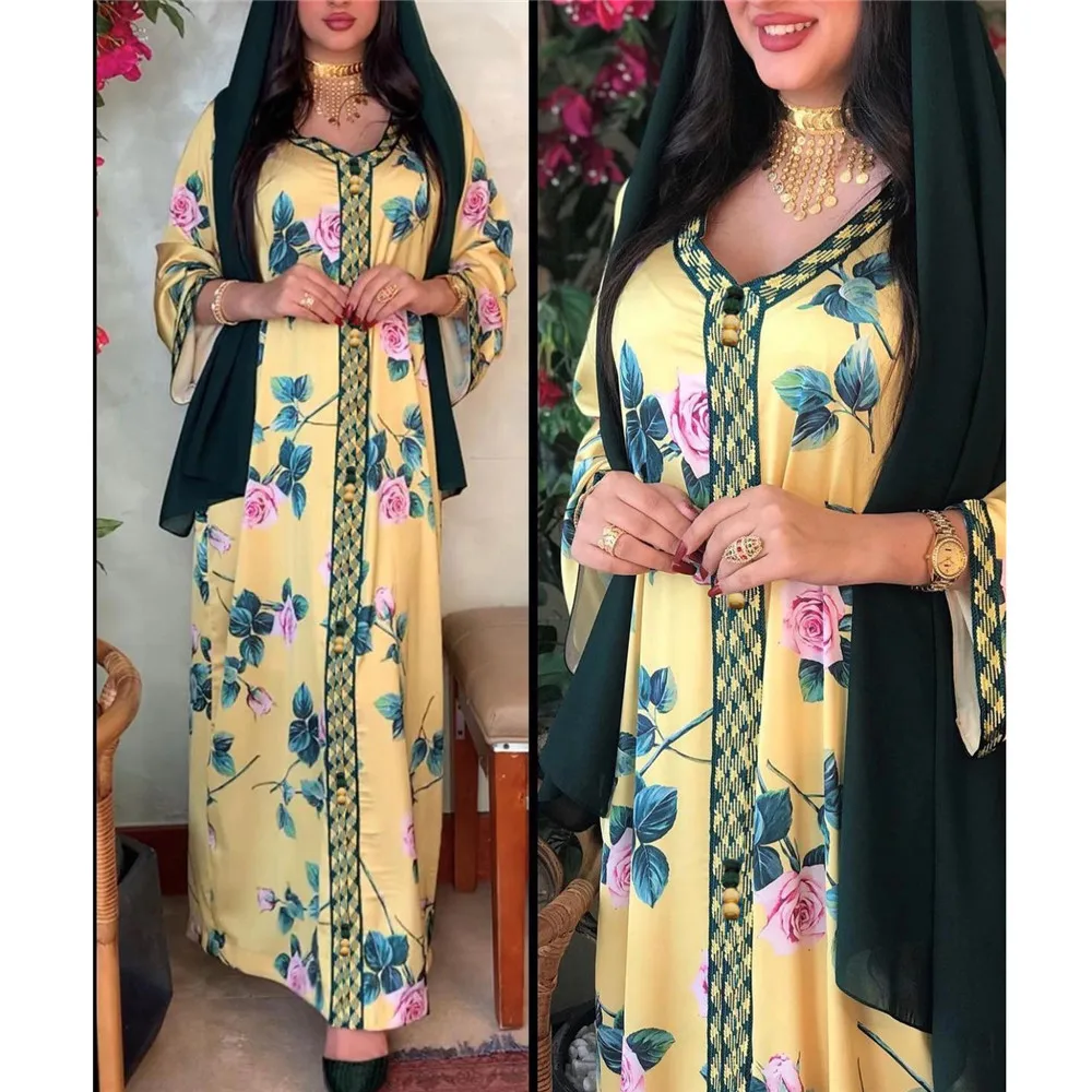 Женское платье макси Дубай, арабское, этническое, мусульманское, абайя, с цветочным принтом, марокканский кафтан, халат, турецкий исламский ...