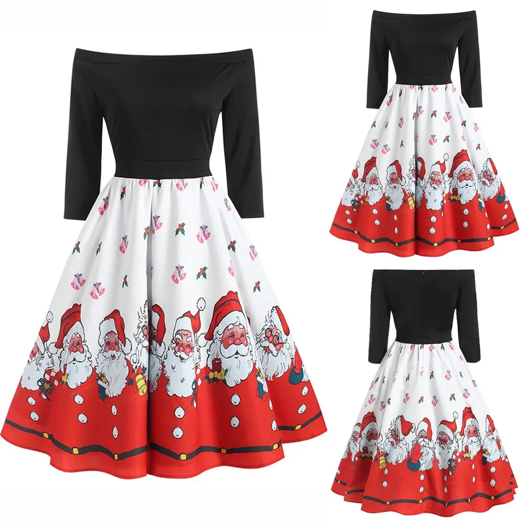 Christmas Print Women's dress Fashion Patchwork Sundress Female Sexy Off-Shoulder Zipper Hepburn Style High waist Party Dress | Женская