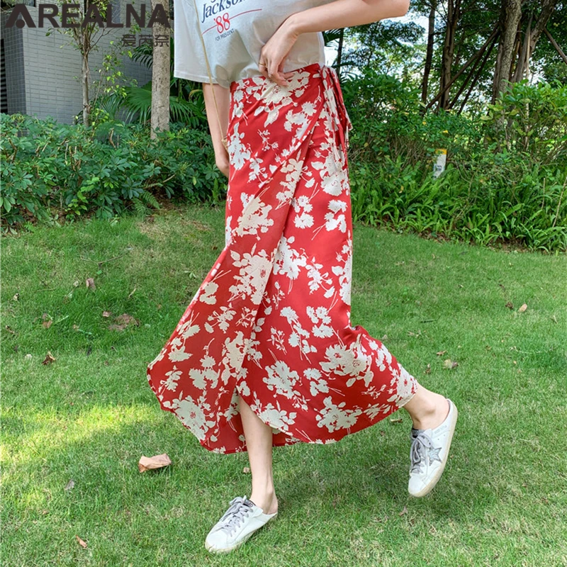 

Vintage Woman One Piece Skirt Korean Floral Chiffon Boho Long Skirt High Waist Lace Up Warp Skirts Womens Faldas Mujer Moda 2020