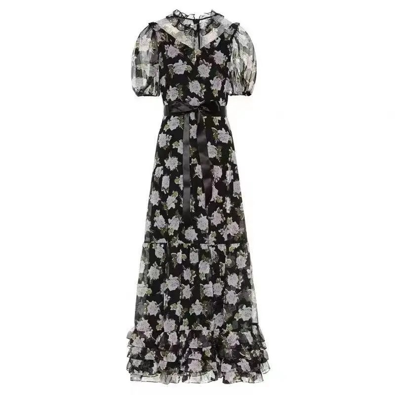 

DEAT 2021 New Summer Fashion Women Clothes Round Neck Short Sleeves Printed High Waist Dress Female Vestido WS10501L
