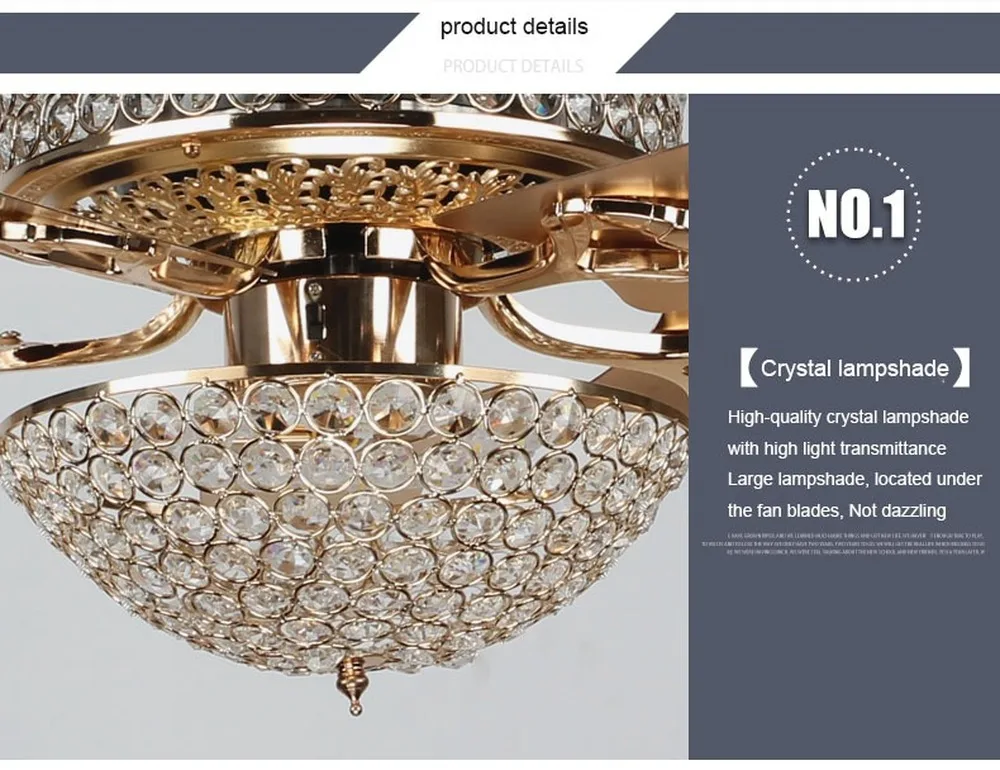 

52 inch Crystal LED Ceiling Fan Light Country Retro European Style Iron Leaf Fans Lights ventilator lamp bedroom decor ceeling