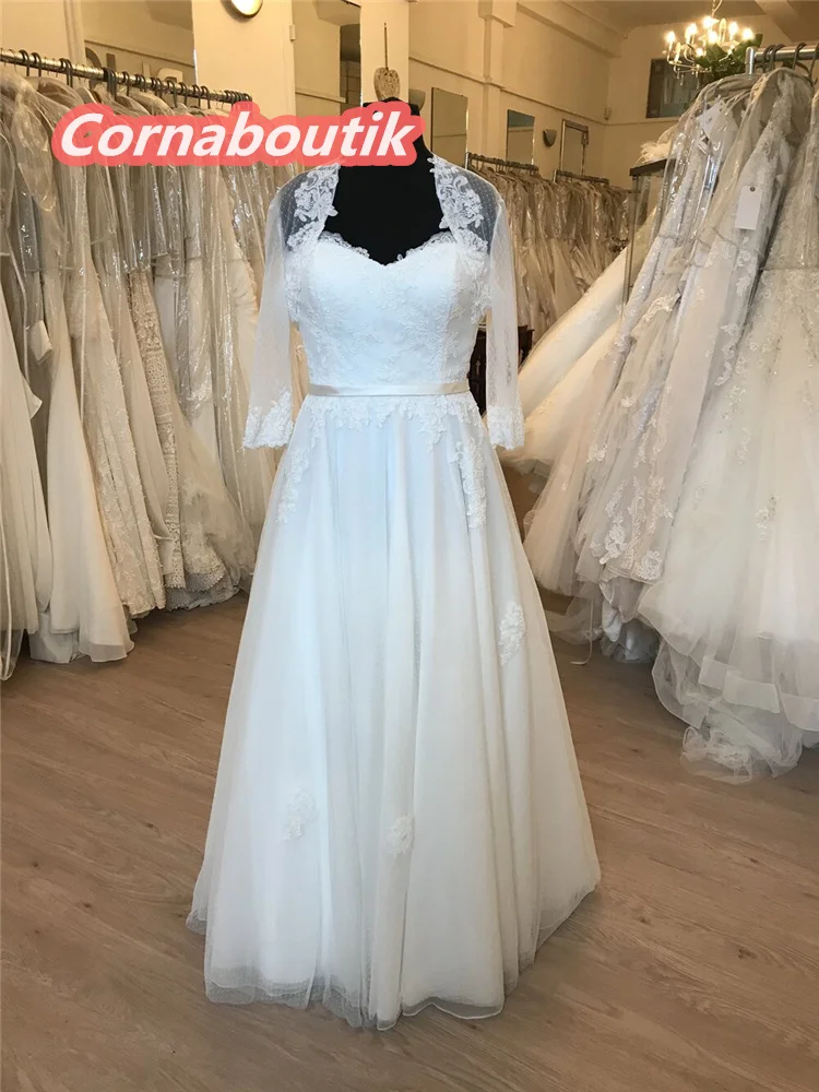 

Real Made A Line Wedding Dress Polkadot Tulle Matching Bolero Appliques Vestido De Novia Bridal Gowns Plus Size Custom Made