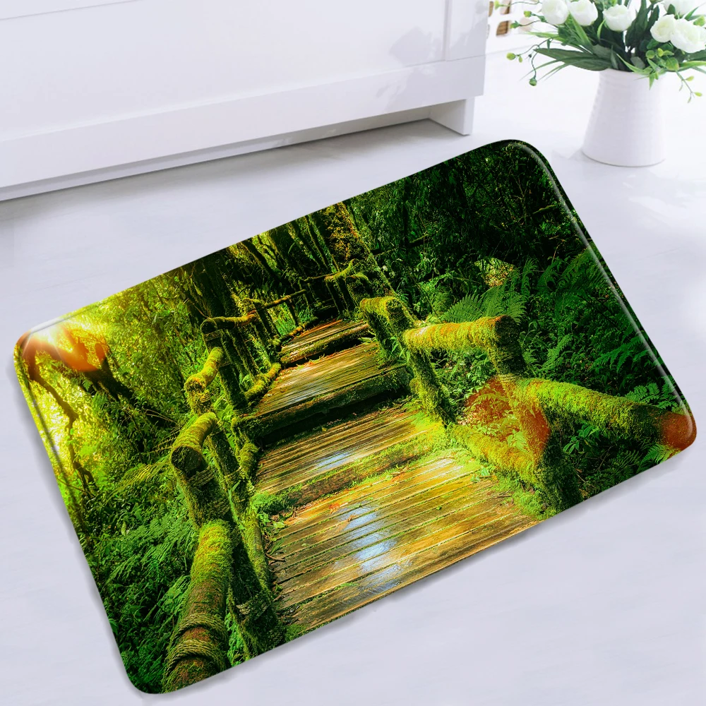 Пейзаж занавеска для душа набор с ковриком ванной деревянная лестница в зеленом