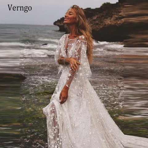 Verngo Sparkles Counting Stars Beach Wedding Dress Boho Lace Shine Beads Long Sleeves Modern Bohemian Bridal Gowns Glisten 2022