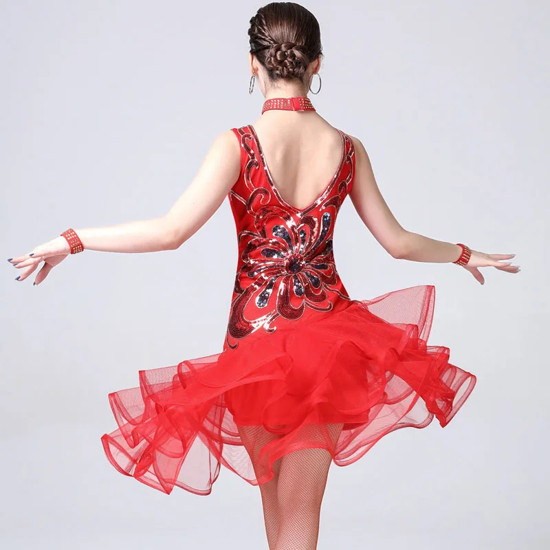 

Women Standard Latin Ballroom Dress Sequins Tango Asymmetrical Dance Dress Ladies Femme Gymnastics Lyrical Dance Costumes