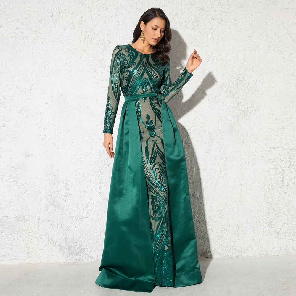 

Green Sequined O Neck Full Sleeved Evening Party Dress Stretchy Floor Length Ball Gown with Detachable Train Burgundy