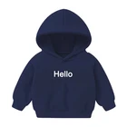 Дешёвые весенне-осенние детские толстовки, одежда для маленьких мальчиков и девочек, однотонная толстовка с капюшоном и надписью Hello, детский пуловер, топы, пальто