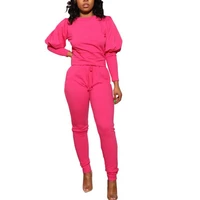 women tracksuit slim puff long sleeve tees elastic waist straight pants set solid two piece sporty suit trouser suits ropa mujer
