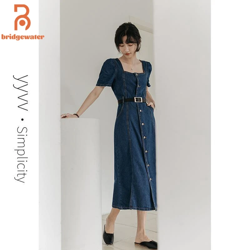 

BRIDGEWATER Summer Denim Dress Women Short Puff Sleeve Dresses Distressed Straight Loose Sexy Belt Goth Harajuku Large Size