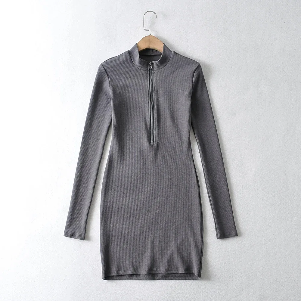 

Sexy dress summer solid high neck zipper tight bag hip female fashion temperament slim versatile dress