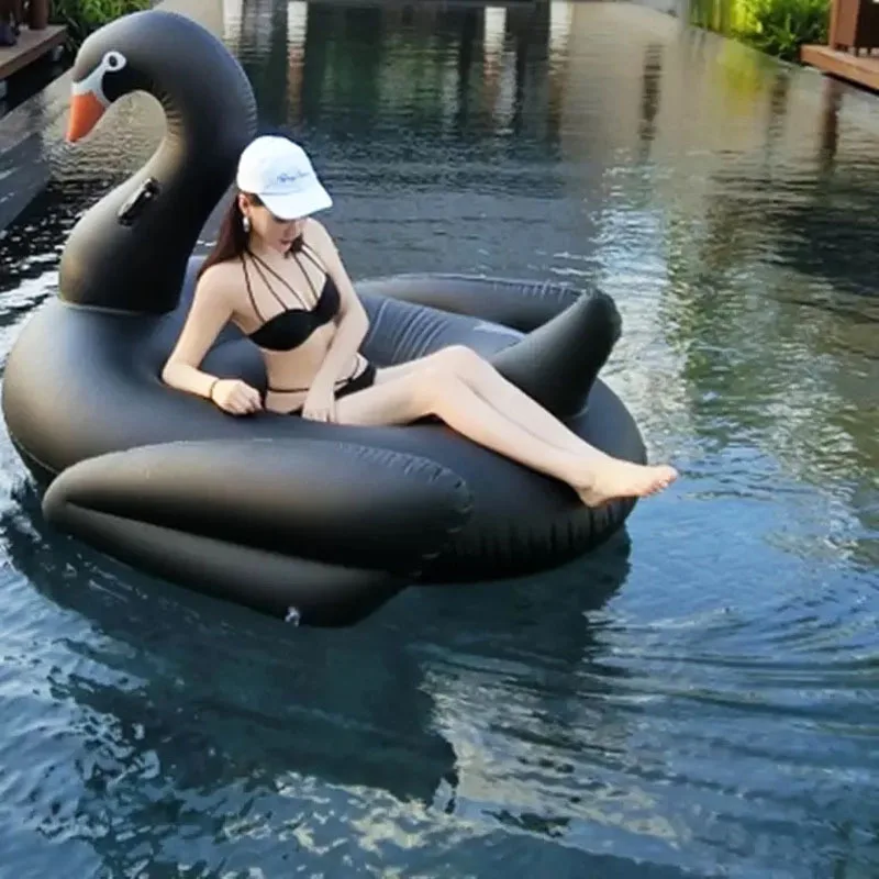 

190cm Cool Black Swan Giant Pool Float Inflatable Circle Swimming Rings Ride-On Inflat Mattress Floating Bed Summer Party Pool