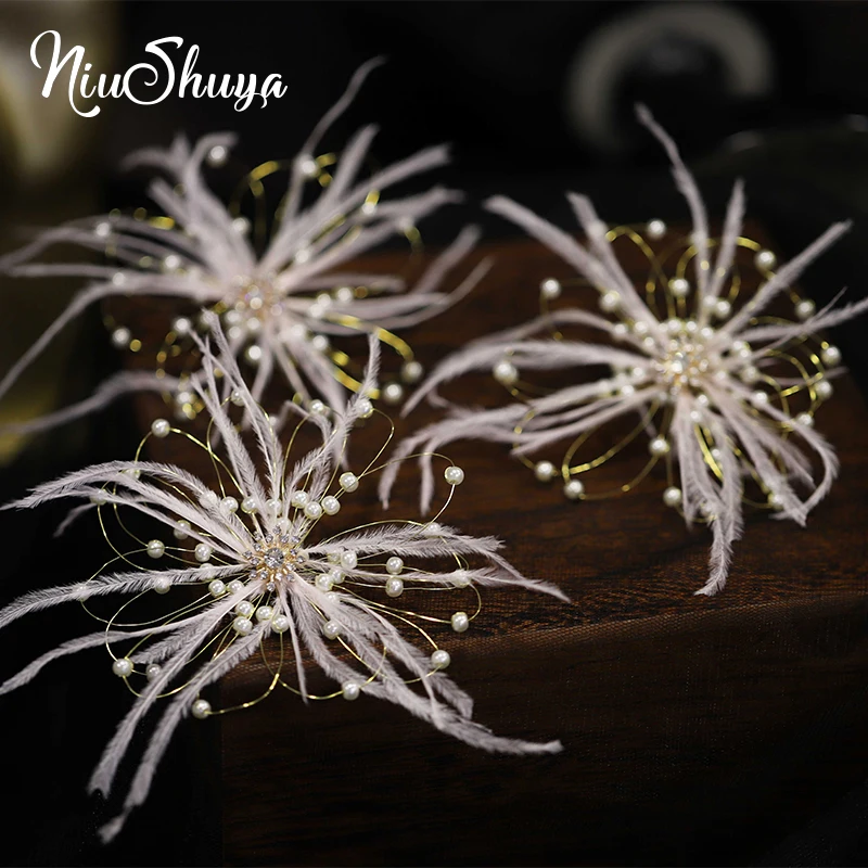 

NiuShuya Korean-Style Bridal Hair Accessories Handmade Crystal Feather Headpins Head Flower Wedding Silk Yarn Hair Ornament