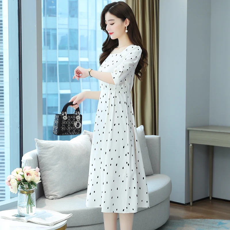 

2021 Summer White Dot Chiffon Casual Beach Dress Vintage Oversize Boho Half Sleeve Sundress Elegant Women Bodycon Party Vestidos