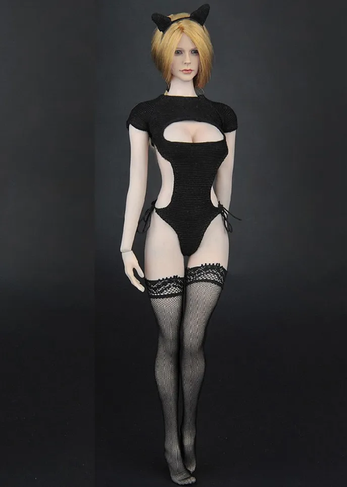 

1/6 Female Figure Action Doll Accessory ZY5027A Black Cat Hairpin Corset Suit Fishnet Stockings For 12inches Model Collection