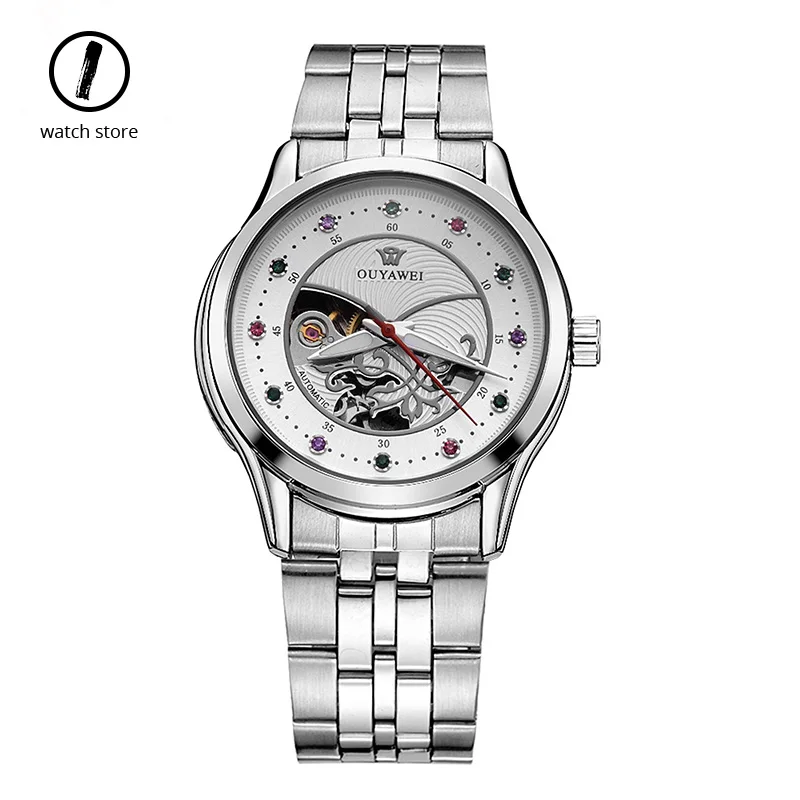 Модные цветные стразы женские часы автоматические механические из нержавеющей