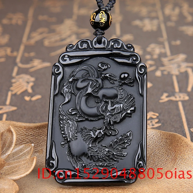 Натуральный черный обсидиан бусы ожерелье ручной работы дракон феникс нефрит