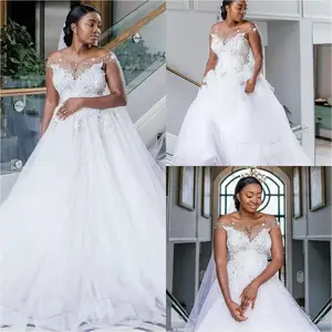 Plus Size Wedding Dresses Bridal Gowns Off The Shoulder Sheer Neckline Lace Appliqued Beading Formal Sweep Train Bride vestido