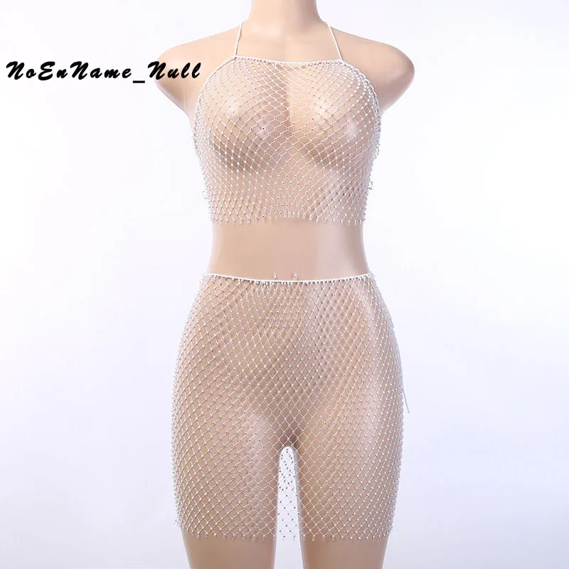 

Sexy bright diamond net skirt fishing net perspective beach nightclub Party Hot diamond fashion simple hip skirt