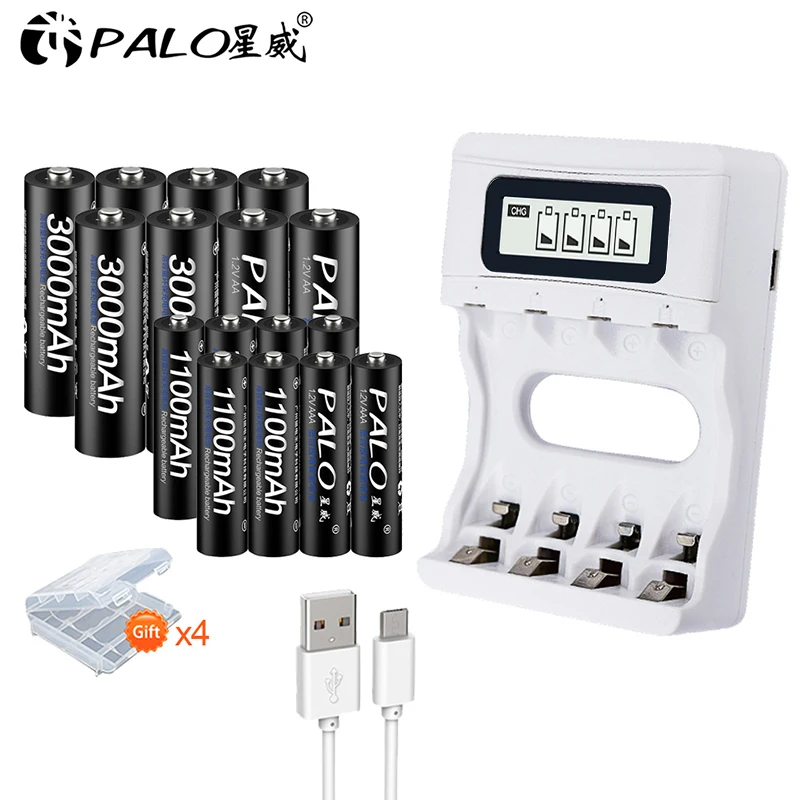PALO ЖК-дисплей USB умное зарядное устройство для аккумуляторов AA AAA Ni-CD Ni-MH+ 4 батарейки AA+ 4 батарейки AAA - Цвет: charger and 8AA8AAA