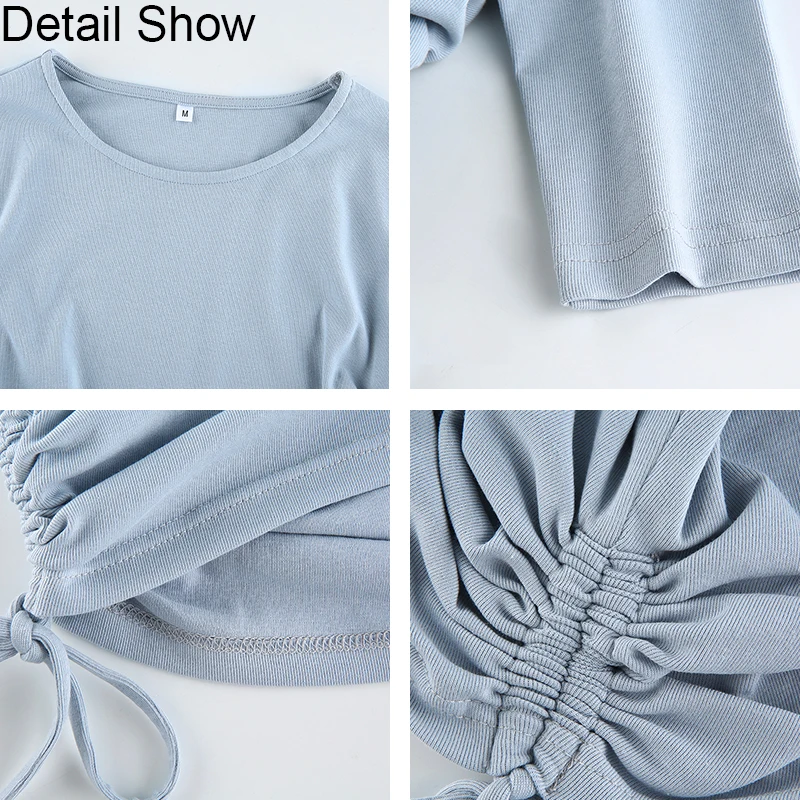 

New Fashion Tops Women Casual Solid O-Neck Long Sleeve Crop Top Women Side Drawstring Ruched White T-Shirt Female Tee Shirt Top