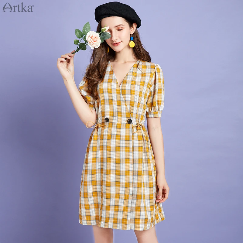 Женское винтажное платье в клетку ARTKA желтое во французском стиле с высокой