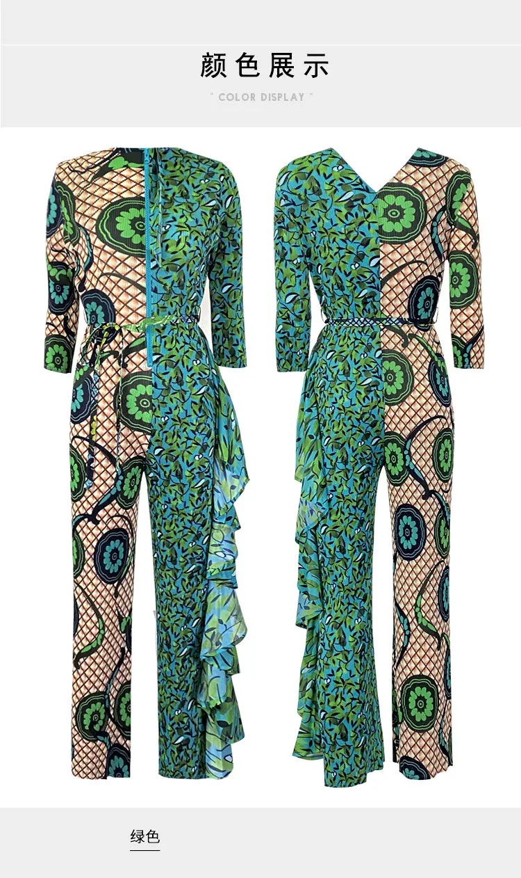 

HOT SELLING Miyake fold New Style Leopard print v-neck fashion fold lace jumpsuits wide-legged pants IN STOCK