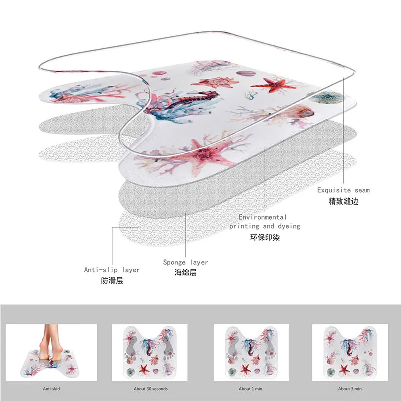 U-Shaped Bath Mat Polyester Absorbent Anti-Slip Anti-Bacterial Modern Rug Bathroom Cartoon Ocean Commode Carpet For Home | Дом и сад