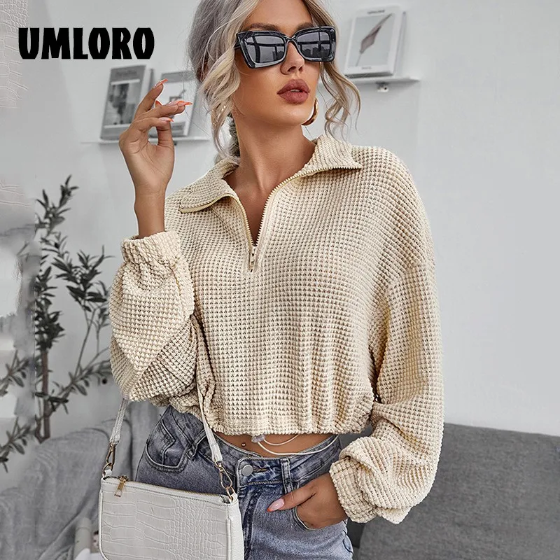 

Umloro женский осенне-зимний однотонный вязаный свитер с высокой талией и завязкой-молнией, вязаный пуловер с отложным воротником, рубашка-пол...