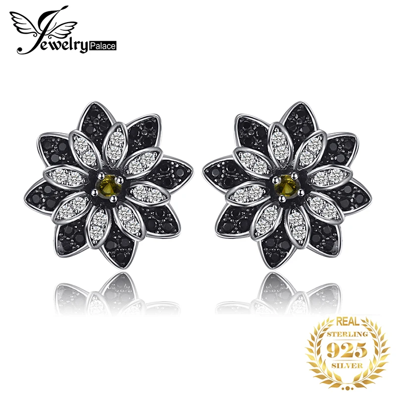Jewelrypalace цветок натуральный темно-серый дымчатый кварц черной шпинели Серьги-гвоздики 925 серебро Для женщин Мода Шарм Красивые ювелирные изделия
