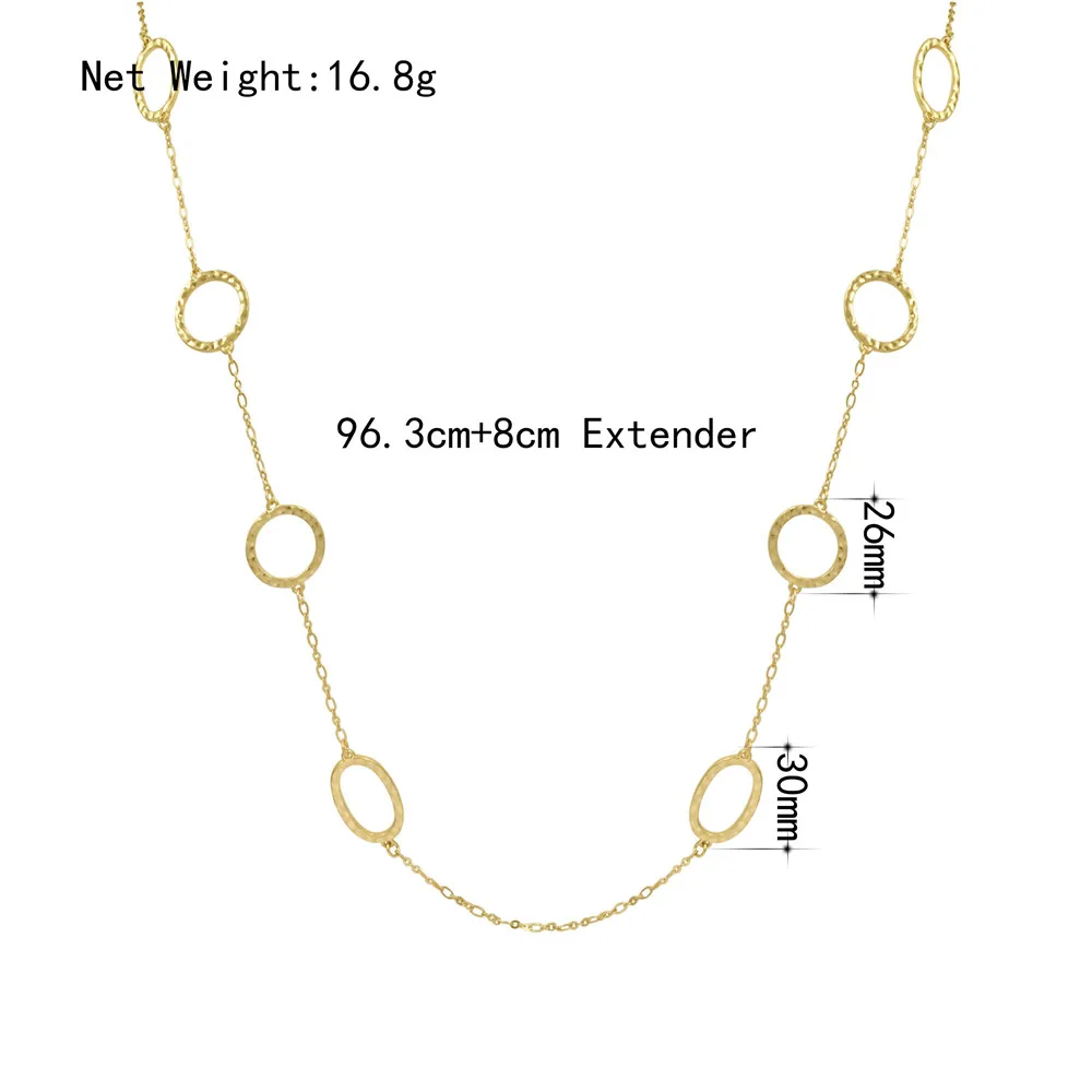 

Trendy Worn Gold Color Plating Hammered Effect Circle Strand Long Necklace For Women Girl Sweater Decoration Jewelry Accessory
