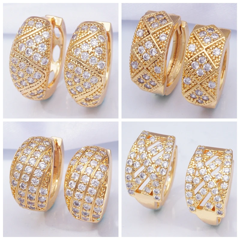 Простые геометрические серьги кольца с белым фианитом и кристаллами модные