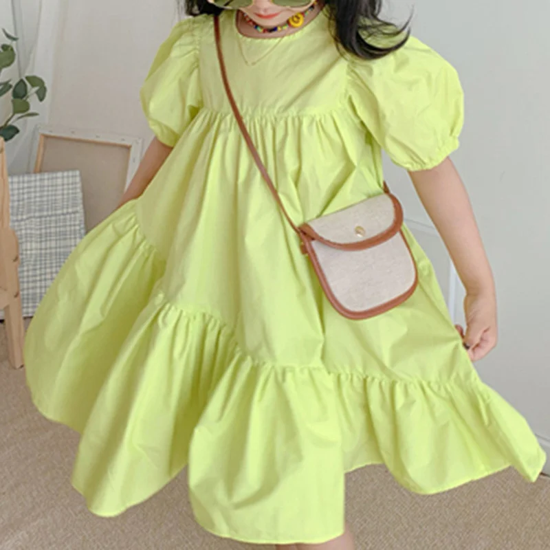 

Girls Asymmetry Ruffle Dress Summer Baby Kids Girl Puff Sleeve Princess Dresses Toddler Fashion Clothes Children Casual Clothing