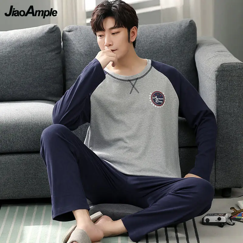 

Men's Pajamas 2021 Autumn Winter Cotton Long-sleeved Trousers Pijamas Two-piece Male Plus Size Sleepwear Loose Home Clothes Suit