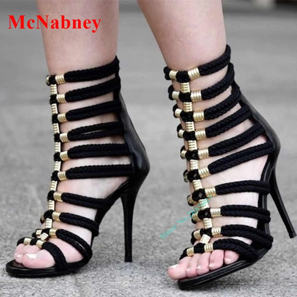 

Weave Strappy Metal Decor Sandals Open Toe Ankle Stiletto Heels Hollow Back Zipper Sandals Women Shoe Summer Party Dress Sandals