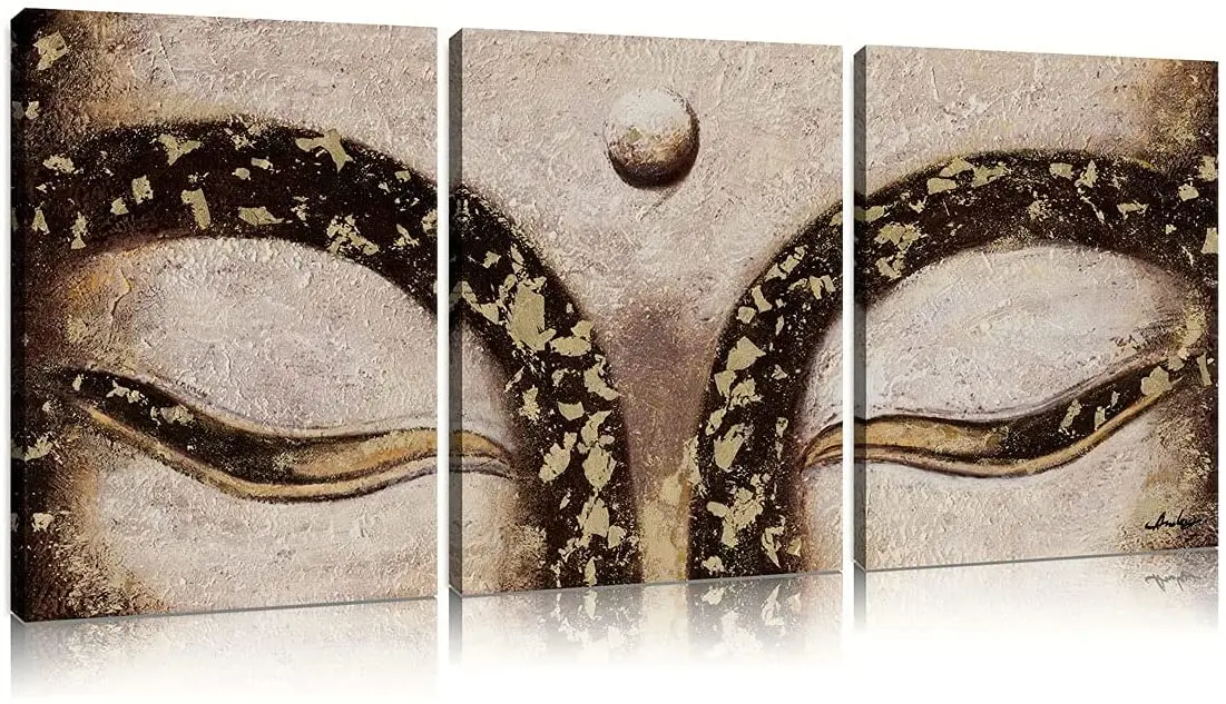 

Hand Painted 3 Pieces Buddha Canvas Wall Art Gold and Black Eyes of Gautama Statue Oil Painting Zen Meditation Buddhism No Frame