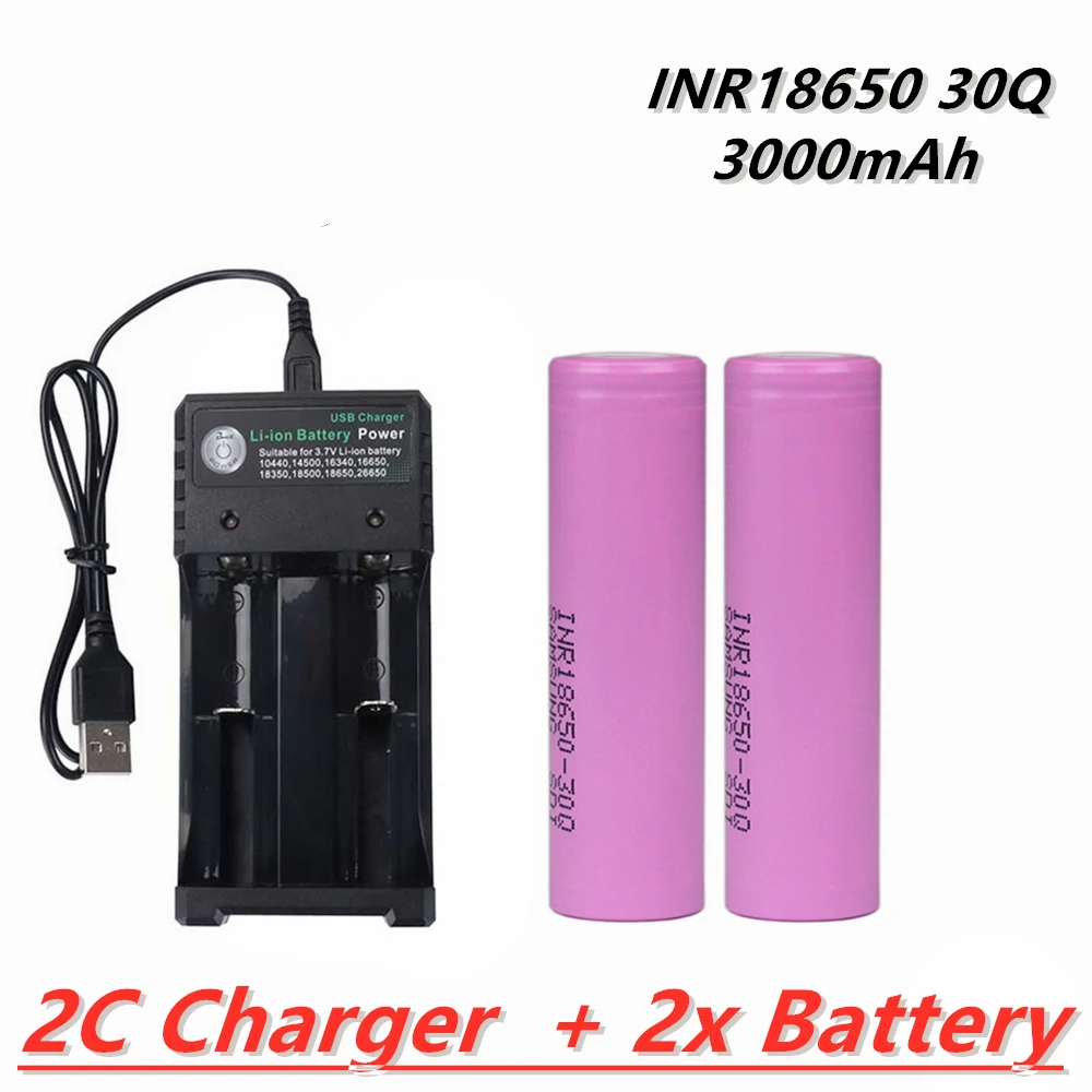 

INR18650 30Q Samsung 18650 Battery 3000mah Hight Power Discharge li-ion Rechargeable Batteries 30A larger current + 18650Charger