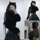 Женская тёмная Черная Толстовка в стиле Харадзюку Y2k, короткий свитшот с кошачьими ушками на шнуровке, милый уличный Свободный пуловер в готическом стиле панк