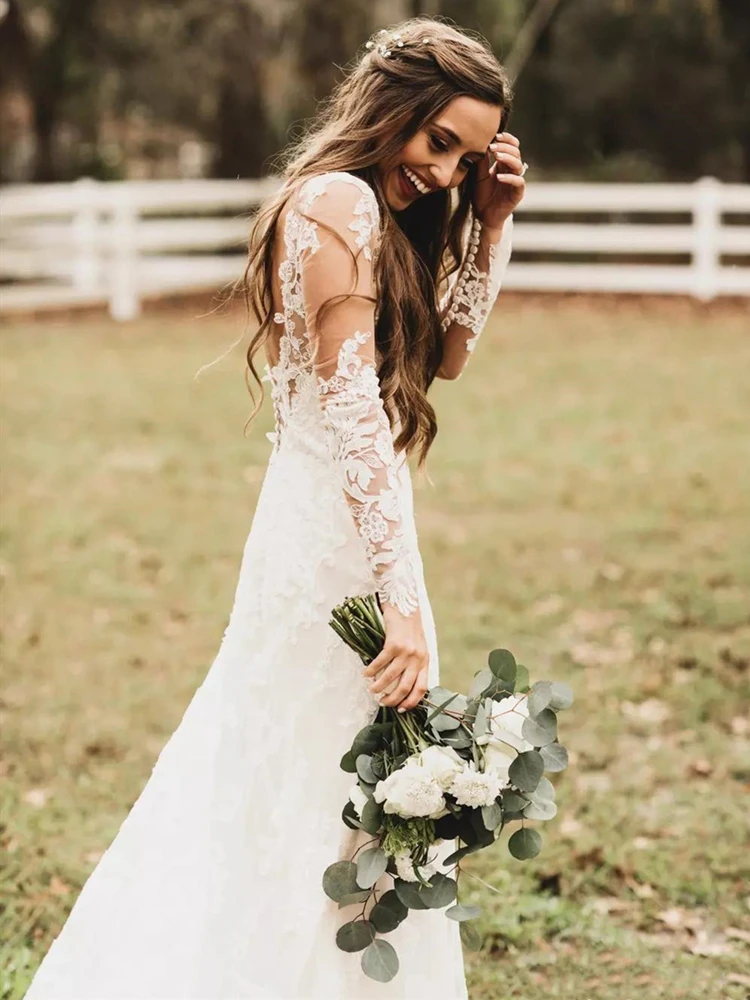 

Bohemain Lace Mermaid Wedding Dress Long Sleeve V Neck Deep Backless Boho Bridal Gown Formal Custom Size robes de marie