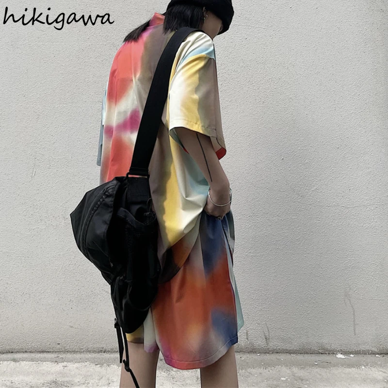

Hikigawa Women Fashion Suits Contrast Color Oversized Shirts Loose Korean Wide Leg Shorts Two Piece Sets for Female 2021 Summer