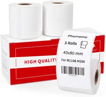 Phomemo 3 Rolls M110/M200 Thermal Paper Black on White 40x80mm Multi-Purpose Square Self-Adhesive Label 100 Labels/Roll