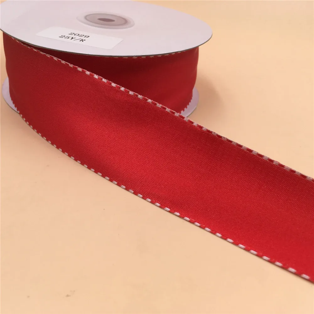 Лента с проволочной кромкой 38 мм красная белая реверсивная двухцветная для