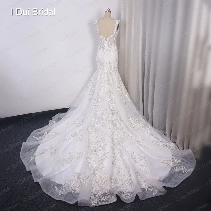 Mermaid Lace Wedding Dress with Silver Thread Floral Appliques Two Way Shoulder Strap Bridal Gown