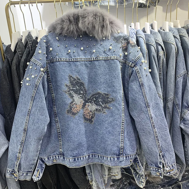 blue with real fur Зимние джинсовые парки с натуральным мехом, плотный помпон из натурального меха Датский подклад из бисера, вельветовое теплое пальто F94 - Цвет: blue with real fur