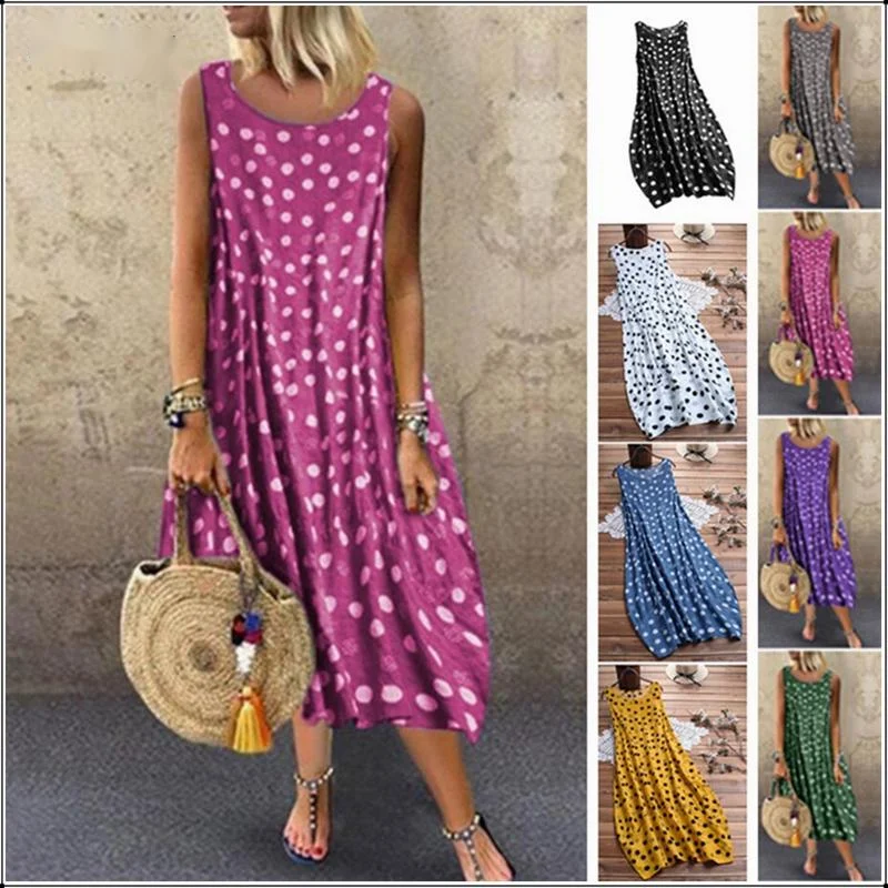 

2021 Summer Bohemian Dot Print Women Dresses Casual Sleeveless O Neck Tank Beach Party Dress Plus Size Loose dress New Arrivals