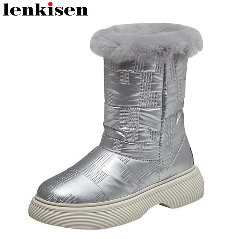 

Lenkisen 2022 новые бархатные ботинки Серебристые полосатые с принтом круглый носок плоская толстая подошва средний каблук зимние теплые шерстя...
