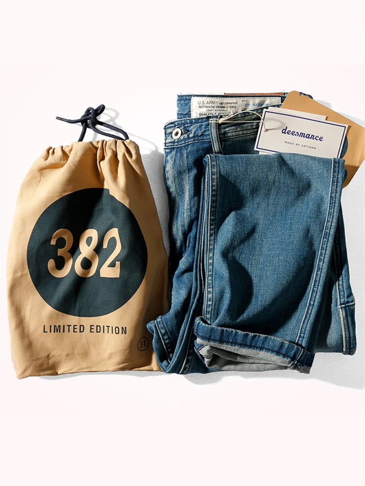

2021 Summer New Light Blue Thin Tooling Denim Jeans Men's Fashion Retro Straight Loose Labor Pants Wash Old Elastic Casual Pants
