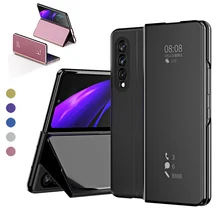 Mirror Smart Case For Samsung Galaxy Z Fold 3 5G Mirror Clear View Flip Cover Leather Kickstand Shockproof SmartPhone Cover