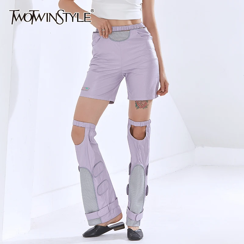 

TWOTWINSTYLE Streetwear Hollow Out Pants For Women High Waist Casual Patchwork Wide Leg Trouser Female Fashion New Clothing Fall